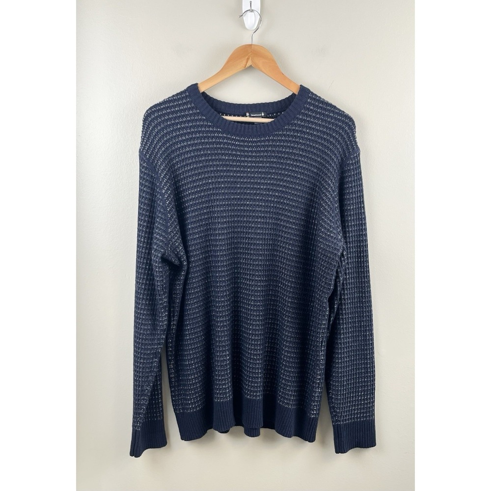 Smartwool Mens Merino Wool Blend Birdseye Knit Crew Neck Sweater Navy Blue L